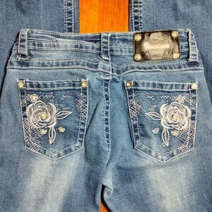 Vividiva Women Jeans Rhinestone Embellished Rose Pocket Flared Denim‎ Blue  13